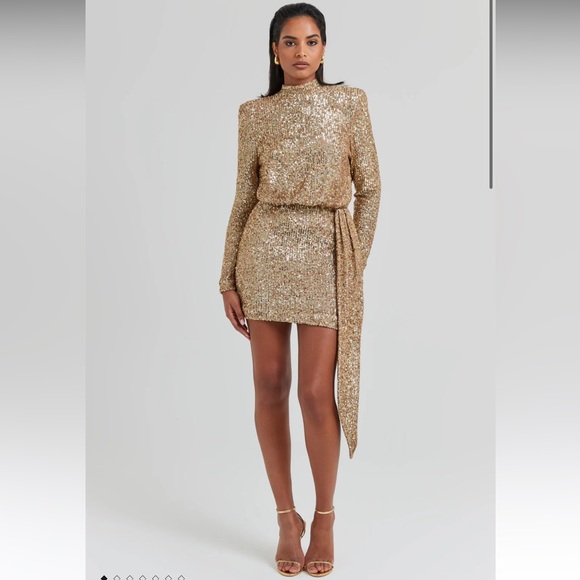 Nadine Merabi Josie Sequin Mini Gold Open Back Dress XS